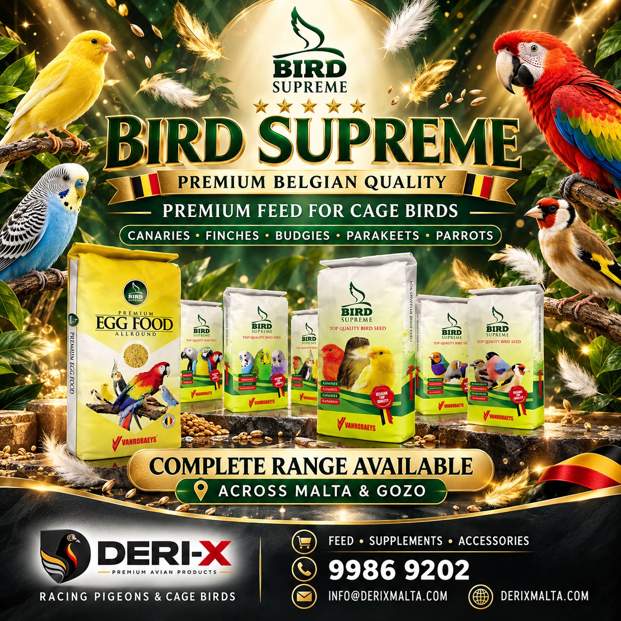 Bird Supreme premium Belgian quality feed for canaries, finches, budgies, parakeets and parrots, available across Malta and Gozo from Deri-X
