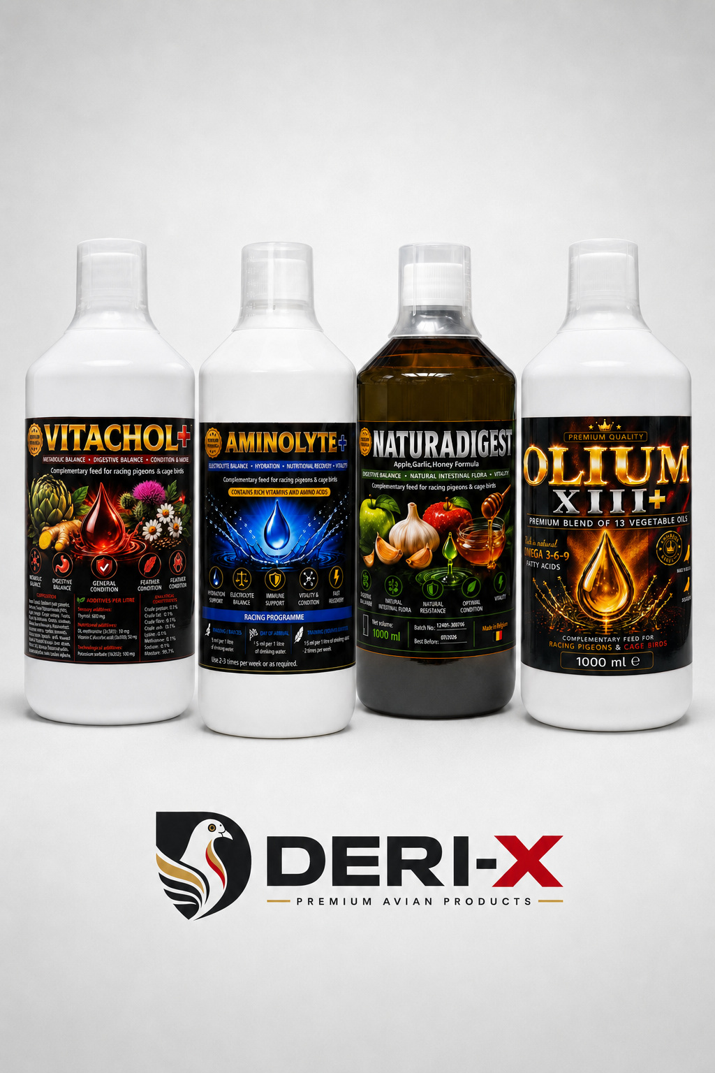 The Deri-X Premium Avian Range: Vitachol+, Aminolyte+, Naturadigest and Olium XIII+